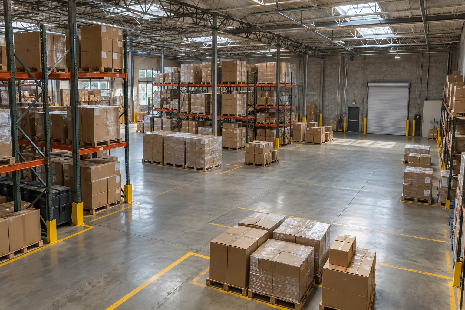 Elevated view across warehouse shelving, pallets and marked floor lanes